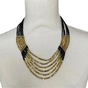 ZAD Black Gold Multi Strand Beaded Bib Statement Necklace NWT